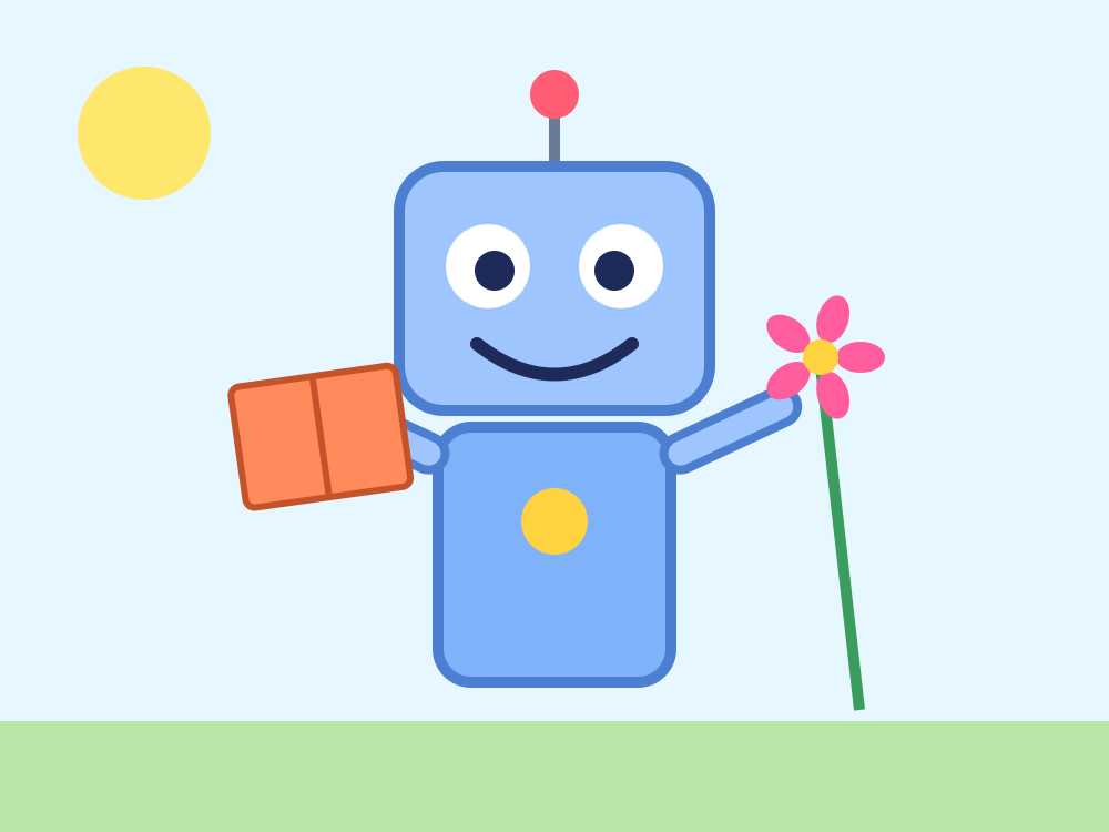 A smiling square robot with antennae holding a book in one hand and a flower in the other.