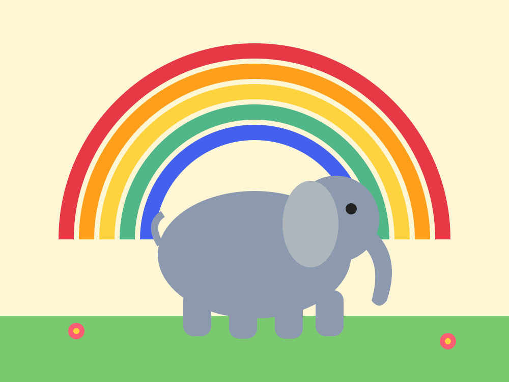 A grey elephant in green grass under a rainbow, with red and yellow flowers.