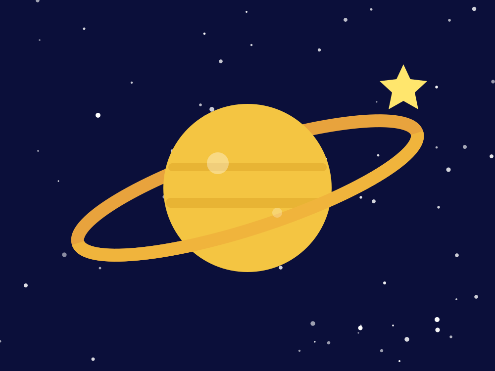 A golden planet with a wide tilted ring on a dark blue background with small yellow stars.