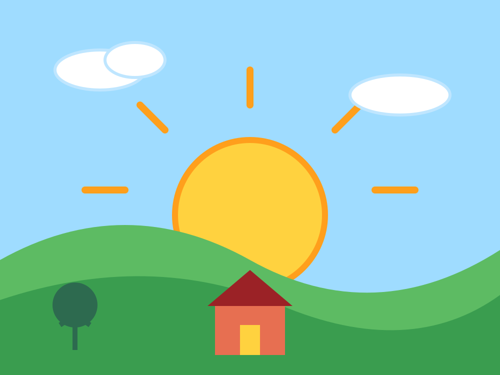 A big yellow sun rising over green hills, with a small house with a red roof and a tree.
